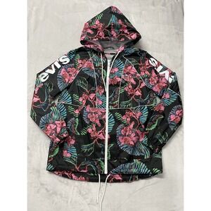 Levis Retro Rain Hooded Jacket Women Medium Pink Floral Full Zip Lined Nylon